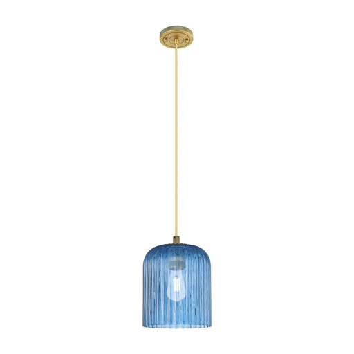 Innovations Crown Point 8in 1-Light Pendant | Industrial Brushed Brass and Princess Blue Glass | Kitchen Island & Dining | Model 434-1P-BB-G559-8BL