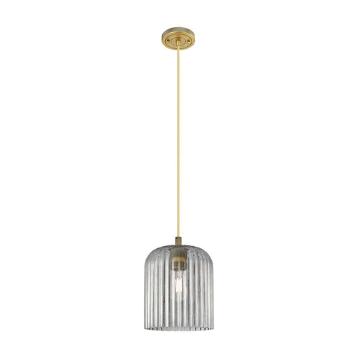 Innovations Crown Point 8in 1-Light Pendant | Industrial Brushed Brass and Light Smoke Glass | Kitchen Island & Dining | Model 434-1P-BB-G559-8SM