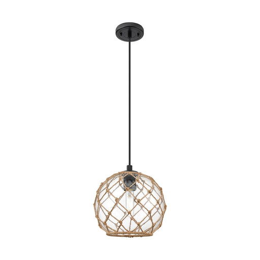 Innovations Farmhouse Rope 10in 1-Light Pendant | Industrial Matte Black and Clear Glass with Brown Rope | Kitchen Island | Model 434-1P-BK-G122-10RB