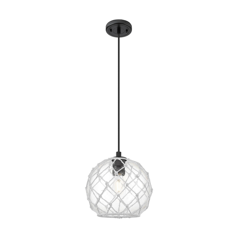 Innovations Farmhouse Rope 10in 1-Light Pendant | Industrial Matte Black and Clear Glass with White Rope | Kitchen Island | Model 434-1P-BK-G122-10RW