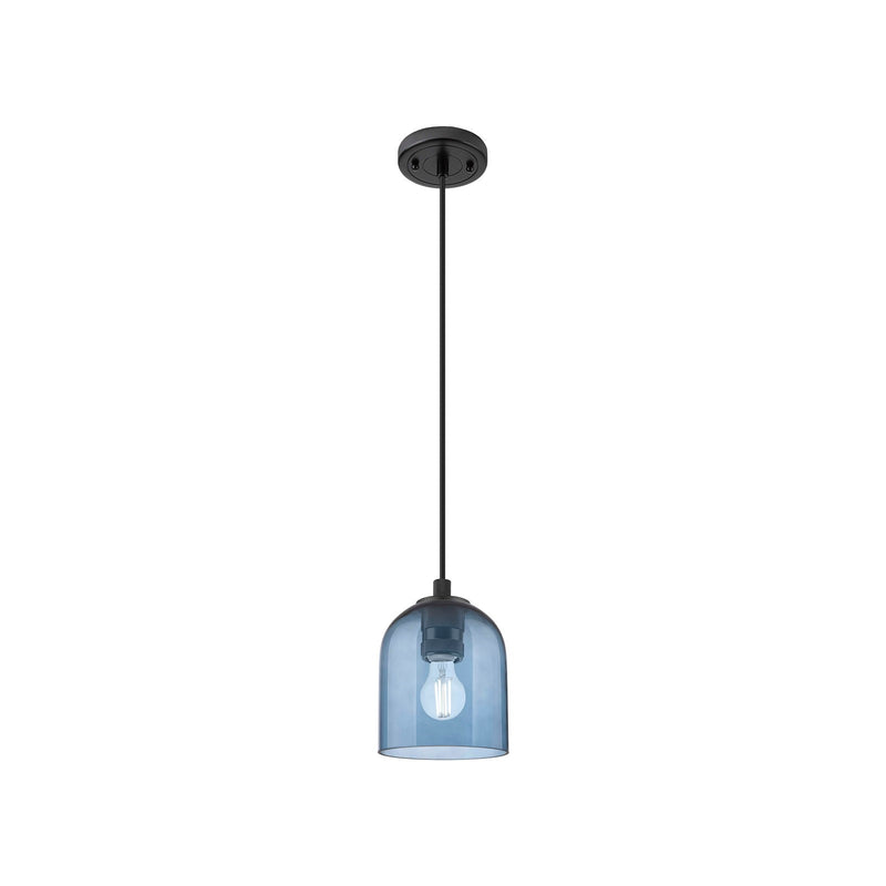 Innovations Bella 5.5in 1-Light Pendant | Industrial Matte Black and Blue Glass | Kitchen Island & Dining Room | Model 434-1P-BK-G558-6BL