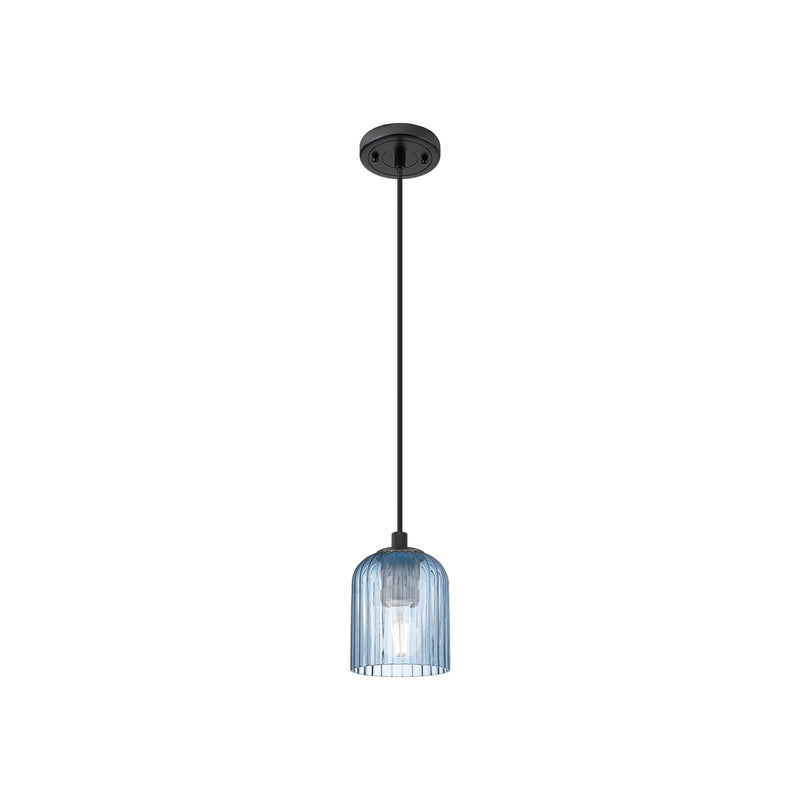 Innovations Crown Point 5in 1-Light Pendant | Industrial Matte Black and Princess Blue Glass | Kitchen Island & Dining | Model 434-1P-BK-G559-5BL