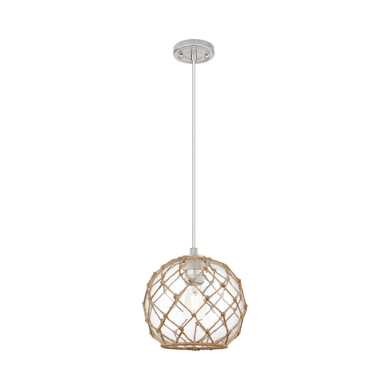 Innovations Farmhouse Rope 10in 1-Light Pendant | Industrial Satin Nickel and Clear Glass with Brown Rope | Kitchen | Model 434-1P-SN-G122-10RB