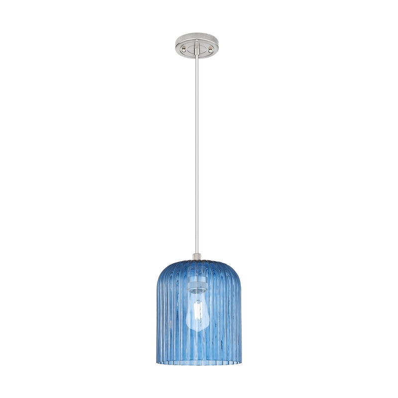 Innovations Crown Point 8in 1-Light Pendant | Industrial Satin Nickel and Princess Blue Glass | Kitchen Island & Dining | Model 434-1P-SN-G559-8BL