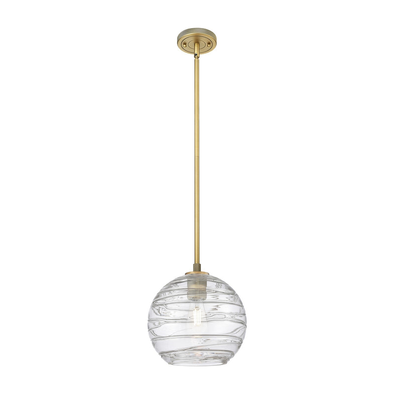 Innovations Crown Point 10in 1-Light Pendant | Industrial Brushed Brass and Clear Deco Swirl Glass | Kitchen Island | Model 434-1S-BB-G1213-10CL
