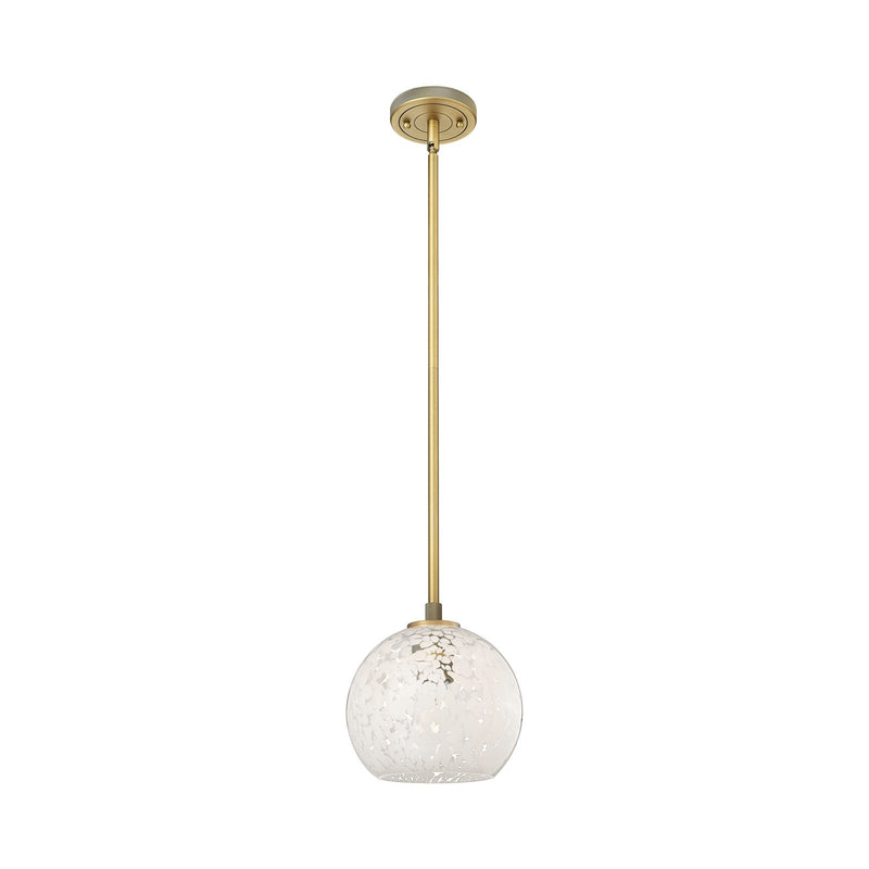 Innovations White Mouchette 8in 1-Light Pendant | Industrial Brushed Brass and White Mouchette Glass | Kitchen Island | Model 434-1S-BB-G1216-8WM