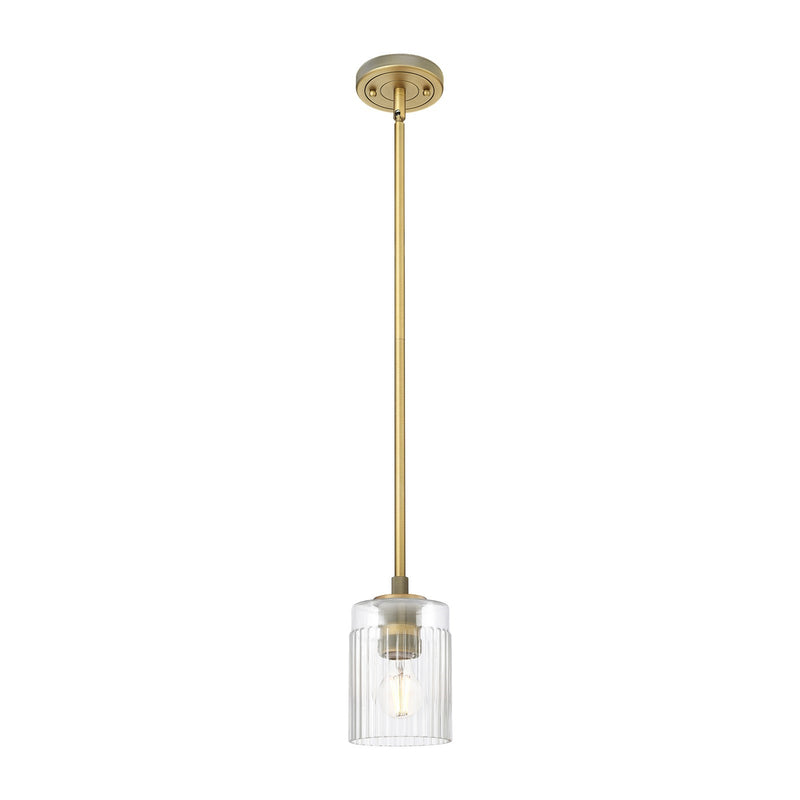 Innovations Hadley 4.5in 1-Light Pendant | Industrial Brushed Brass and Clear Ribbed Glass | Kitchen Island & Dining Room | Model 434-1S-BB-G342