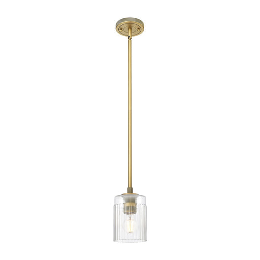 Innovations Hadley 4.5in 1-Light Pendant | Industrial Brushed Brass and Clear Ribbed Glass | Kitchen Island & Dining Room | Model 434-1S-BB-G342