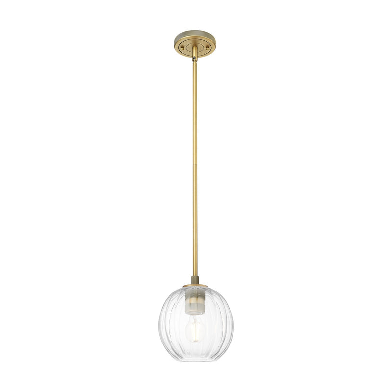 Innovations Preston Globe 7in 1-Light Pendant | Industrial Brushed Brass and Clear Glass | Kitchen Island & Dining Room | Model 434-1S-BB-G458-7CL