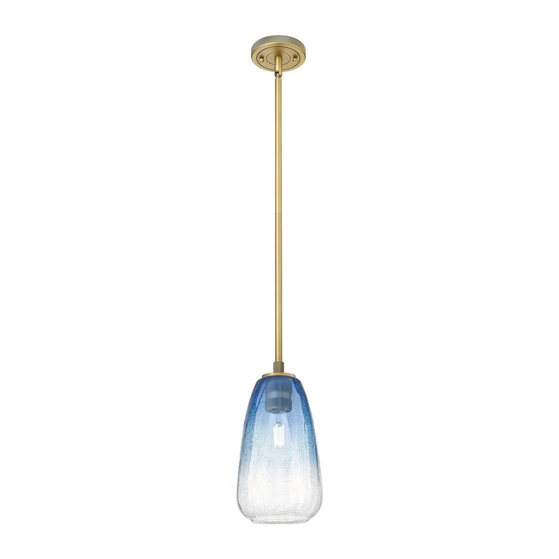 Innovations Brookhaven Almond 6in 1-Light Pendant | Industrial Brushed Brass and Sapphire Blue Glass | Kitchen Island | Model 434-1S-BB-G480-6SB