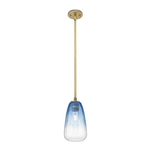 Innovations Brookhaven Almond 6in 1-Light Pendant | Industrial Brushed Brass and Sapphire Blue Glass | Kitchen Island | Model 434-1S-BB-G480-6SB