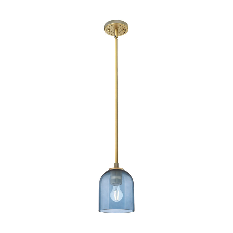 Innovations Bella 6in 1-Light Pendant | Industrial Brushed Brass and Blue Glass | Kitchen Island & Dining Room | Model 434-1S-BB-G558-6BL