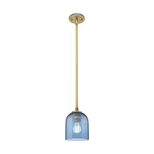 Innovations Bella 6in 1-Light Pendant | Industrial Brushed Brass and Blue Glass | Kitchen Island & Dining Room | Model 434-1S-BB-G558-6BL