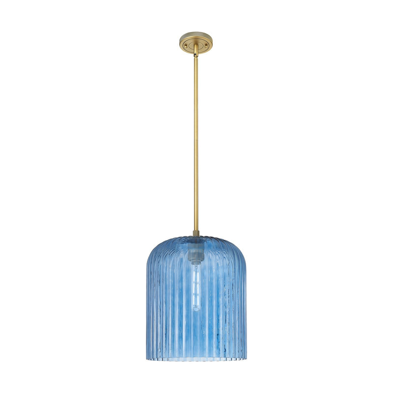 Innovations Crown Point 12in 1-Light Pendant | Industrial Brushed Brass and Princess Blue Glass | Kitchen Island & Dining | Model 434-1S-BB-G559-12BL