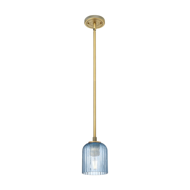 Innovations Crown Point 5in 1-Light Pendant | Industrial Brushed Brass and Princess Blue Glass | Kitchen Island & Dining | Model 434-1S-BB-G559-5BL