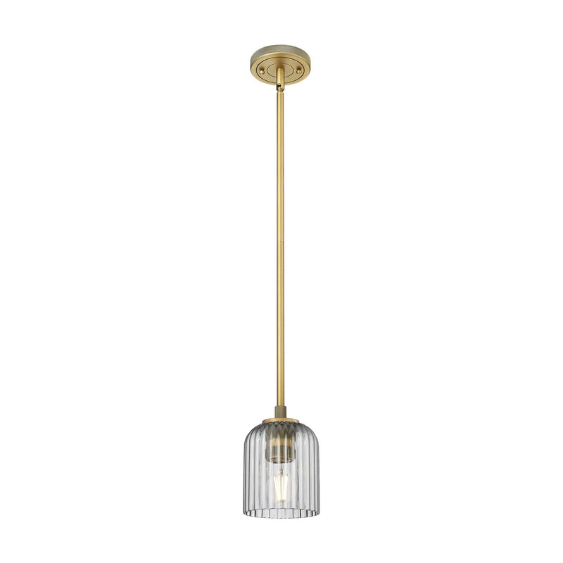 Innovations Crown Point 5in 1-Light Pendant | Industrial Brushed Brass and Light Smoke Ribbed Glass | Kitchen Island | Model 434-1S-BB-G559-5SM