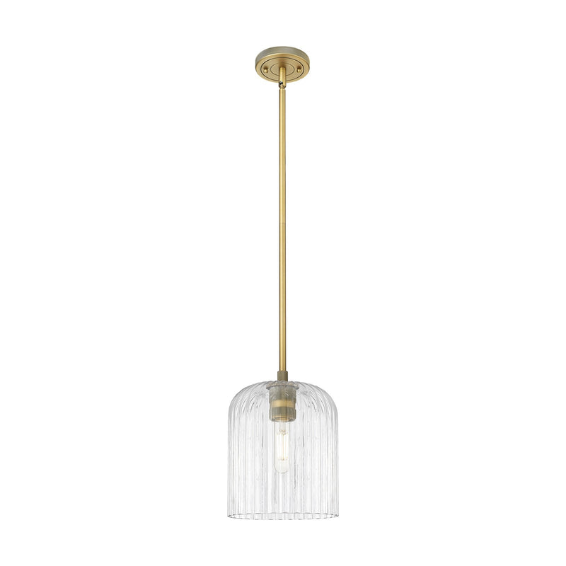 Innovations Crown Point 8in 1-Light Pendant | Industrial Brushed Brass and Clear Ribbed Glass | Kitchen Island & Dining | Model 434-1S-BB-G559-8CL