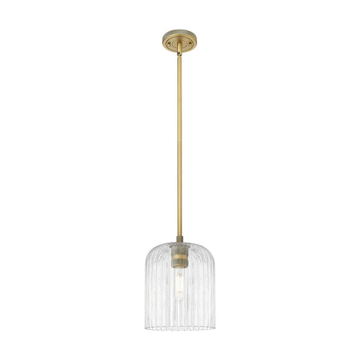 Innovations Crown Point 8in 1-Light Pendant | Industrial Brushed Brass and Clear Ribbed Glass | Kitchen Island & Dining | Model 434-1S-BB-G559-8CL