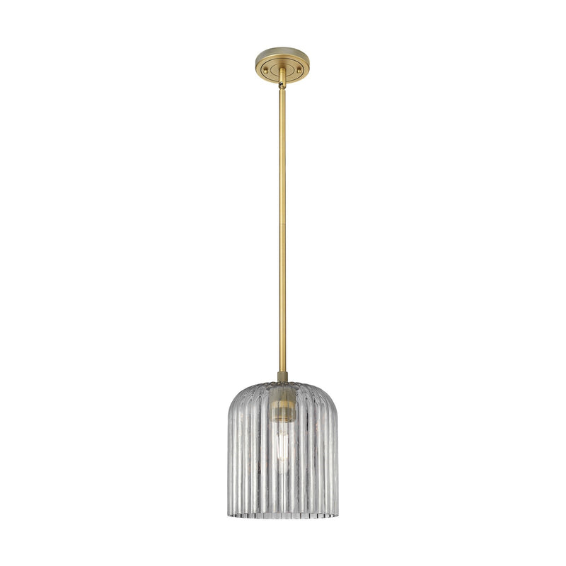 Innovations Crown Point 8in 1-Light Pendant | Industrial Brushed Brass and Light Smoke Glass | Kitchen Island & Dining | Model 434-1S-BB-G559-8SM
