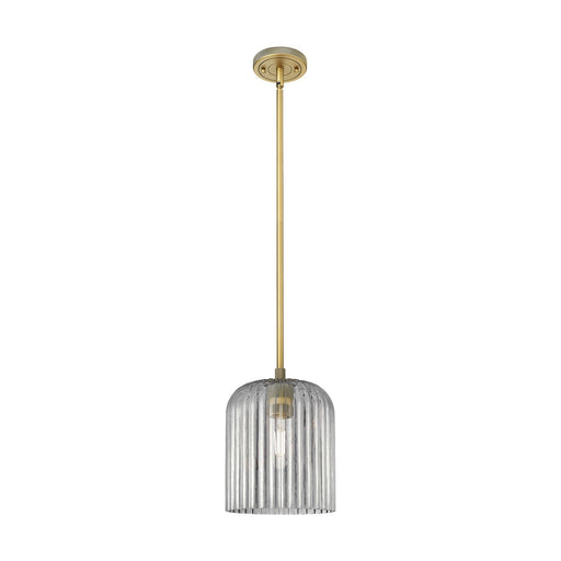 Innovations Crown Point 8in 1-Light Pendant | Industrial Brushed Brass and Light Smoke Glass | Kitchen Island & Dining | Model 434-1S-BB-G559-8SM