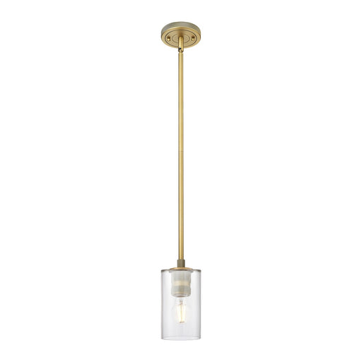 Innovations Clymer 4in 1-Light Pendant | Industrial Brushed Brass and Clear Glass | Kitchen Island & Dining Room | Model 434-1S-BB-G802