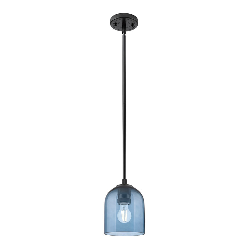 Innovations Bella 5.5in 1-Light Pendant | Industrial Matte Black and Blue Glass | Kitchen Island & Dining Room | Model 434-1S-BK-G558-6BL