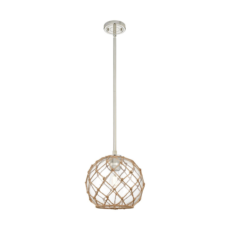 Innovations Farmhouse Rope 10in 1-Light Pendant | Industrial Polished Nickel and Clear Glass Brown Rope | Kitchen Island | Model 434-1S-PN-G122-10RB