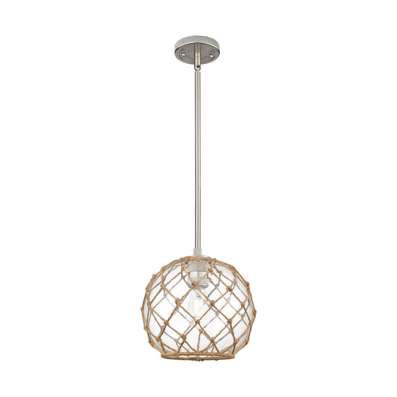Innovations Farmhouse Rope 10in 1-Light Pendant | Industrial Satin Nickel and Clear Glass Brown Rope | Kitchen Island | Model 434-1S-SN-G122-10RB
