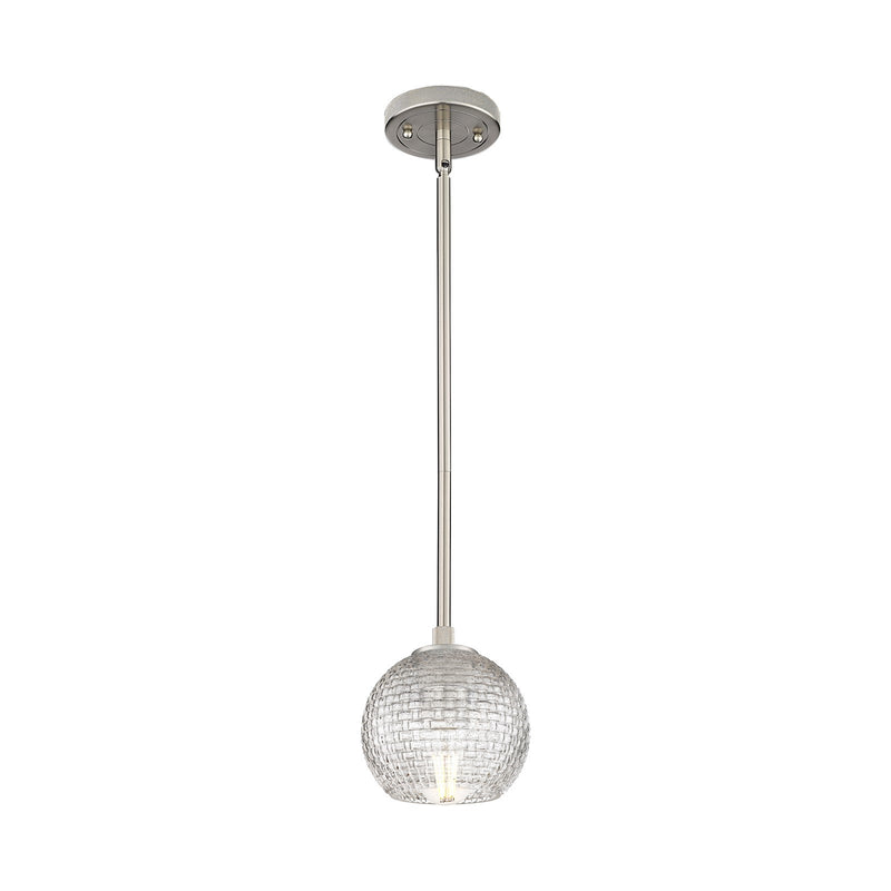 Innovations Athens 5.88in 1-Light Pendant | Industrial Satin Nickel and Clear Basket Weave Glass | Kitchen Island | Model 434-1S-SN-G122C-6CL
