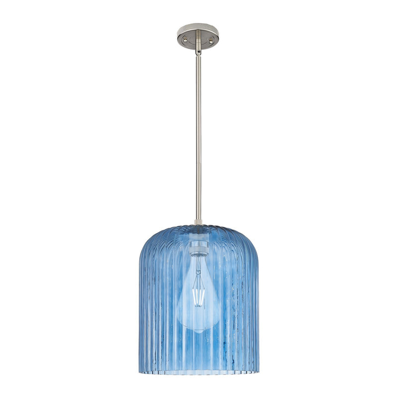 Innovations Crown Point 12in 1-Light Pendant | Industrial Satin Nickel and Princess Blue Glass | Kitchen Island & Dining | Model 434-1S-SN-G559-12BL