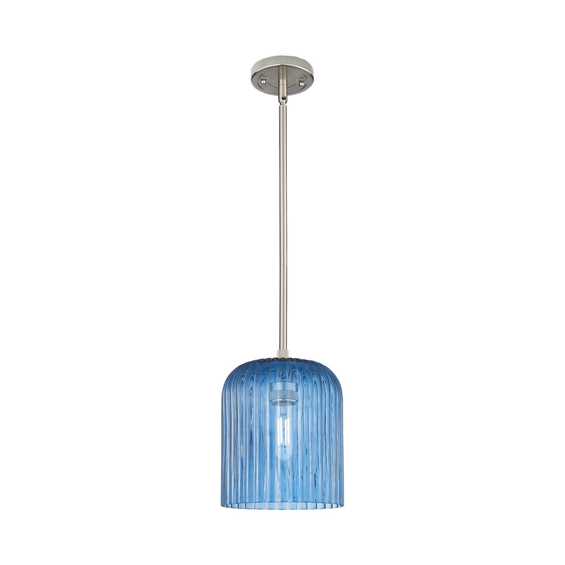 Innovations Crown Point 8in 1-Light Pendant | Industrial Satin Nickel and Princess Blue Ribbed Glass | Kitchen Island | Model 434-1S-SN-G559-8BL