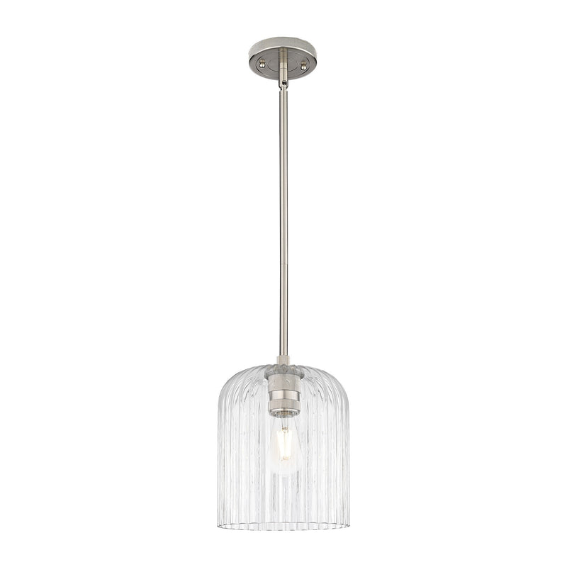 Innovations Crown Point 8in 1-Light Pendant | Industrial Satin Nickel and Clear Ribbed Glass | Kitchen Island & Dining | Model 434-1S-SN-G559-8CL