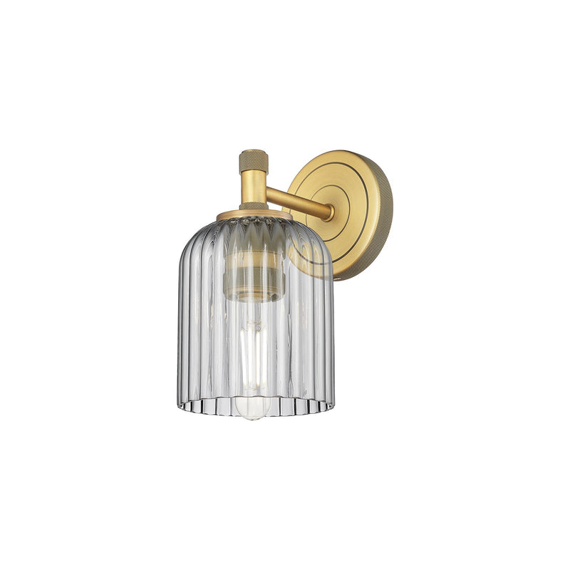 Innovations Crown Point 5in 1-Light Wall Sconce | Industrial Brushed Brass and Light Smoke Glass | Bedroom & Hallway | Model 434-1W-BB-G559-5SM
