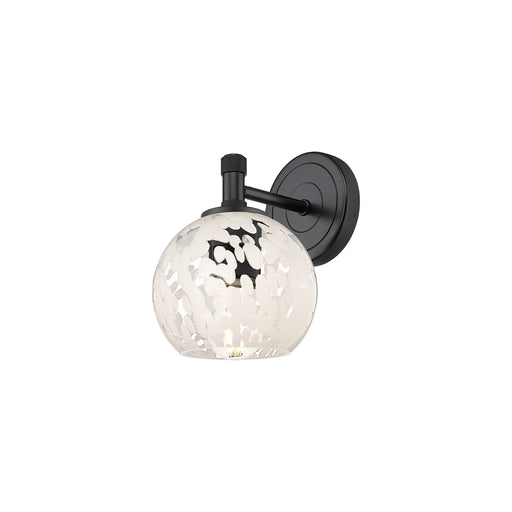 Innovations White Mouchette 6in 1-Light Wall Sconce | Industrial Matte Black and White Mouchette Glass | Bedroom | Model 434-1W-BK-G1216-6WM
