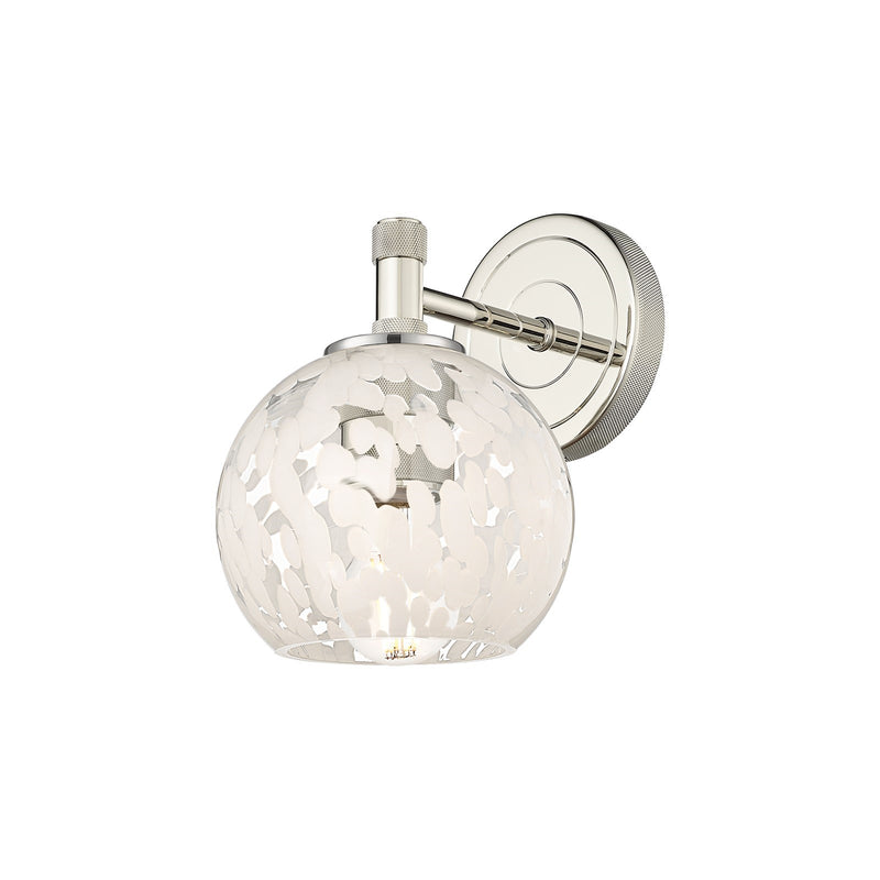 Innovations White Mouchette 6in 1-Light Wall Sconce | Industrial Polished Nickel and White Mouchette Glass | Bathroom | Model 434-1W-PN-G1216-6WM