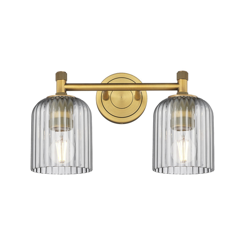 Innovations Crown Point 13in 2-Light Bath Vanity Light | Industrial Brushed Brass and Light Smoke Glass | Bathroom Vanity | Model 434-2W-BB-G559-5SM