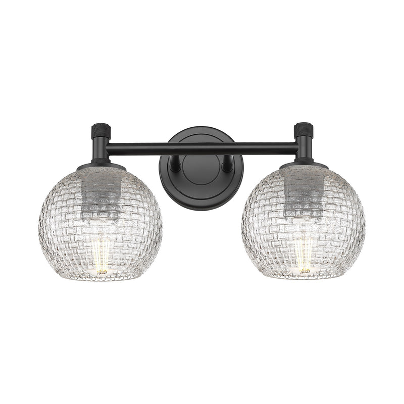 Innovations Athens 14in 2-Light Bath Vanity Light | Industrial Matte Black and Clear Basket Weave Glass | Bathroom Vanity | Model 434-2W-BK-G122C-6CL