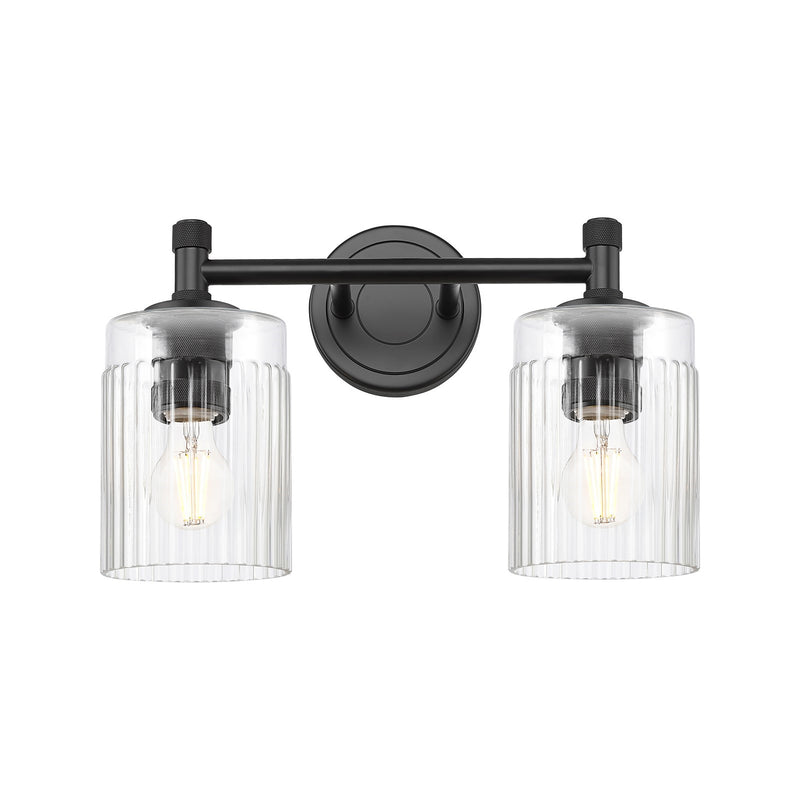 Innovations Hadley 13in 2-Light Bath Vanity Light | Industrial Matte Black and Clear Ribbed Glass | Bathroom & Powder Room | Model 434-2W-BK-G342