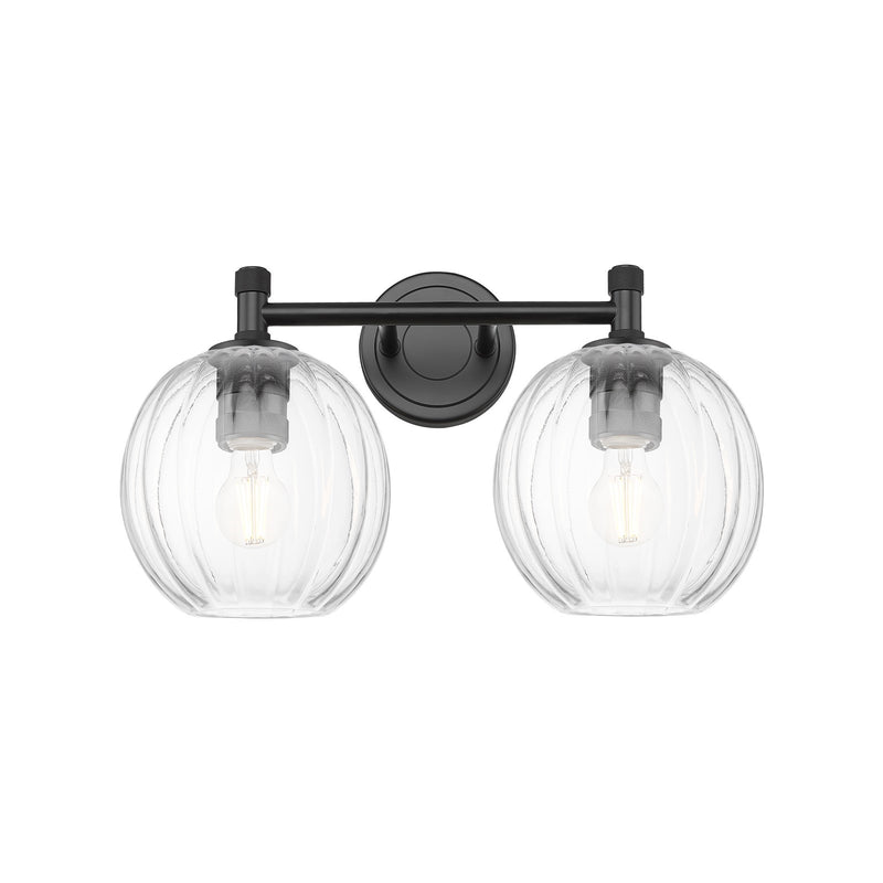 Innovations Preston Globe 15in 2-Light Bath Vanity | Industrial Matte Black and Clear Glass | Bathroom & Powder Room | Model 434-2W-BK-G458-7CL