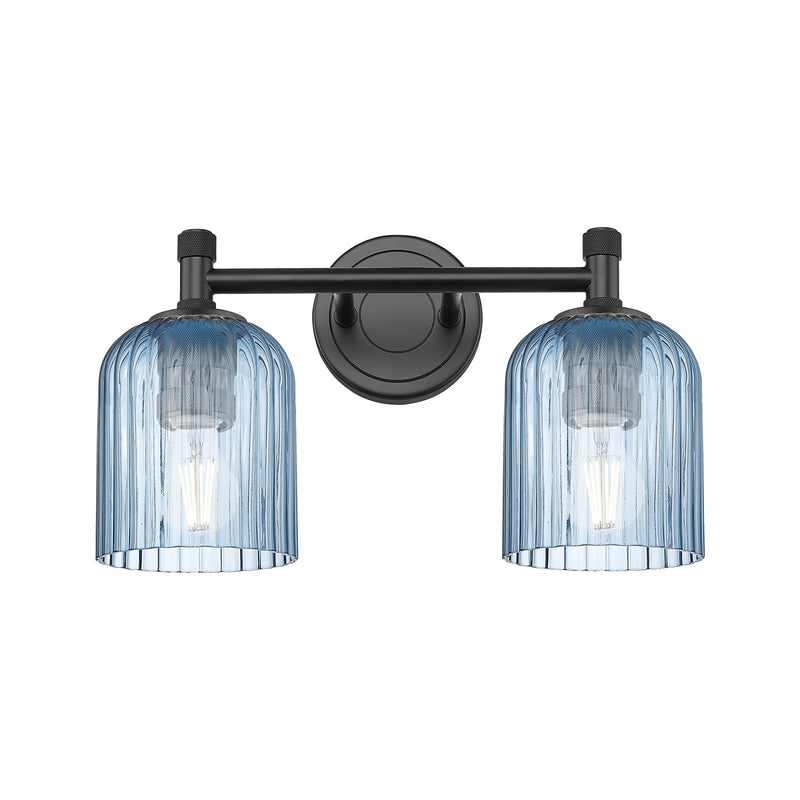 Innovations Crown Point 13in 2-Light Bath Vanity | Industrial Matte Black and Princess Blue Glass | Bathroom & Powder Room | Model 434-2W-BK-G559-5BL