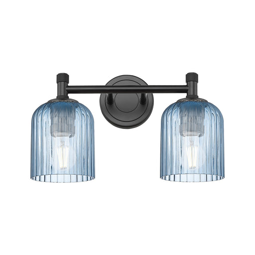 Innovations Crown Point 13in 2-Light Bath Vanity | Industrial Matte Black and Princess Blue Glass | Bathroom & Powder Room | Model 434-2W-BK-G559-5BL