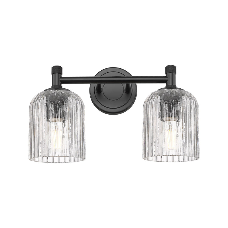 Innovations Crown Point 13in 2-Light Bath Vanity | Industrial Matte Black and Clear Ribbed Glass | Bathroom Vanity | Model 434-2W-BK-G559-5CL