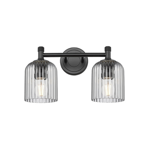 Innovations Crown Point 13in 2-Light Bath Vanity | Industrial Matte Black and Light Smoke Ribbed Glass | Bathroom Vanity | Model 434-2W-BK-G559-5SM