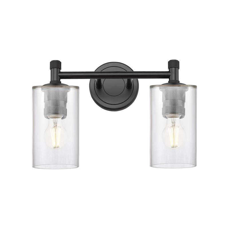 Innovations Clymer 12in 2-Light Bath Vanity | Industrial Matte Black and Clear Glass | Bathroom Vanity | 12 x 9 x 6.4 in | Model 434-2W-BK-G802