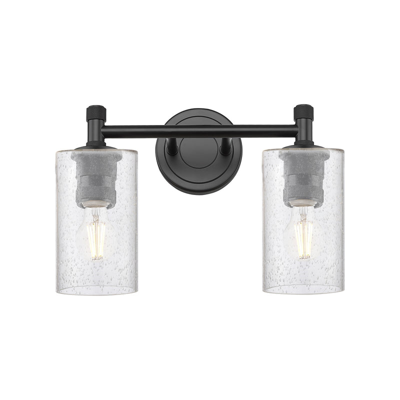 Innovations Clymer 12in 2-Light Bath Vanity Light | Industrial Matte Black and Seedy Glass | Bathroom & Powder Room | Model 434-2W-BK-G804