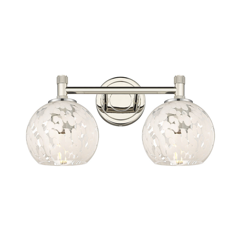 Innovations White Mouchette 14in 2-Light Bath Vanity Light | Industrial Polished Nickel and White Mouchette Glass | Model 434-2W-PN-G1216-6WM