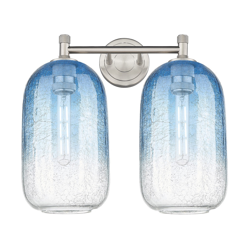 Innovations Brookhaven Cloche 15in 2-Light Bath Vanity Light | Industrial Satin Nickel and Sapphire Blue Globe Glass | Model 434-2W-SN-G482-7SB