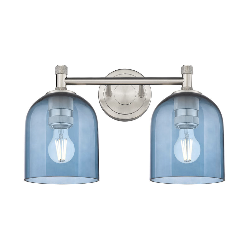 Innovations Bella 13.5in 2-Light Bath Vanity | Industrial Satin Nickel and Blue Glass | Bathroom & Powder Room | Model 434-2W-SN-G558-6BL