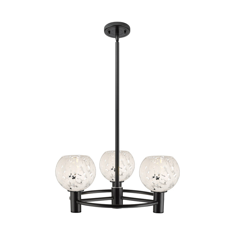 Innovations White Mouchette 20in 3-Light Pendant | Industrial Matte Black and White Mouchette Glass | Kitchen Island | Model 434-3CR-BK-G1216-6WM