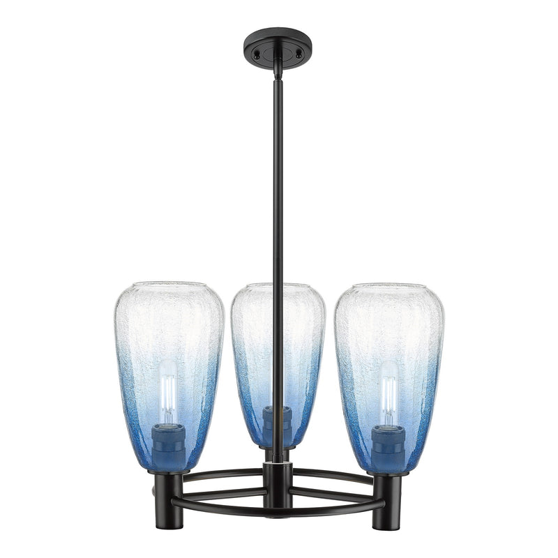 Innovations Brookhaven Almond 20in 3-Light Pendant | Industrial Matte Black and Sapphire Blue Glass | Kitchen Island | Model 434-3CR-BK-G480-6SB